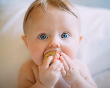 Baby chewing on toy